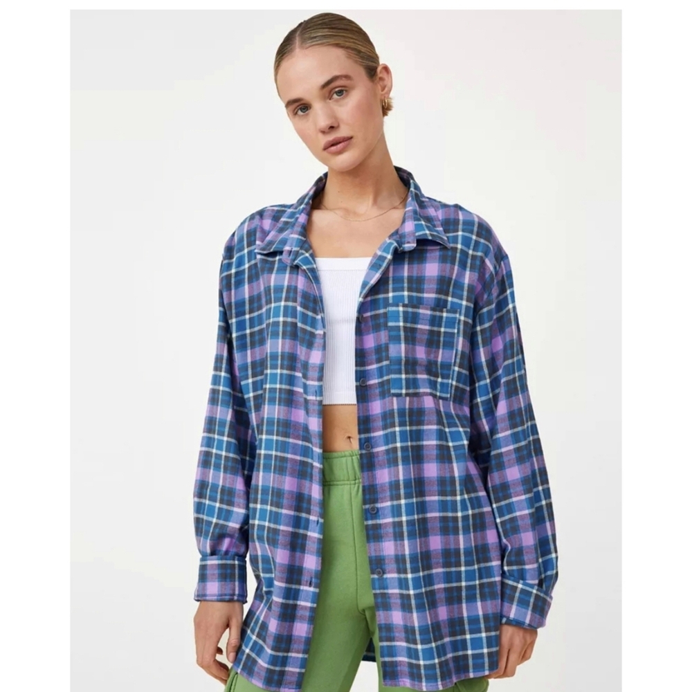 Cotton On Curve Oversized Plaid Button Up Boyfriend Shirt Flannel Size Small